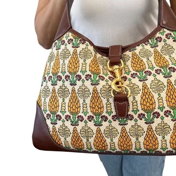 GUCCI Vintage Jackie Pigna Pineapple Jacquard Shoulder Bag Brown Yellow [106290] - Picture 4 of 13